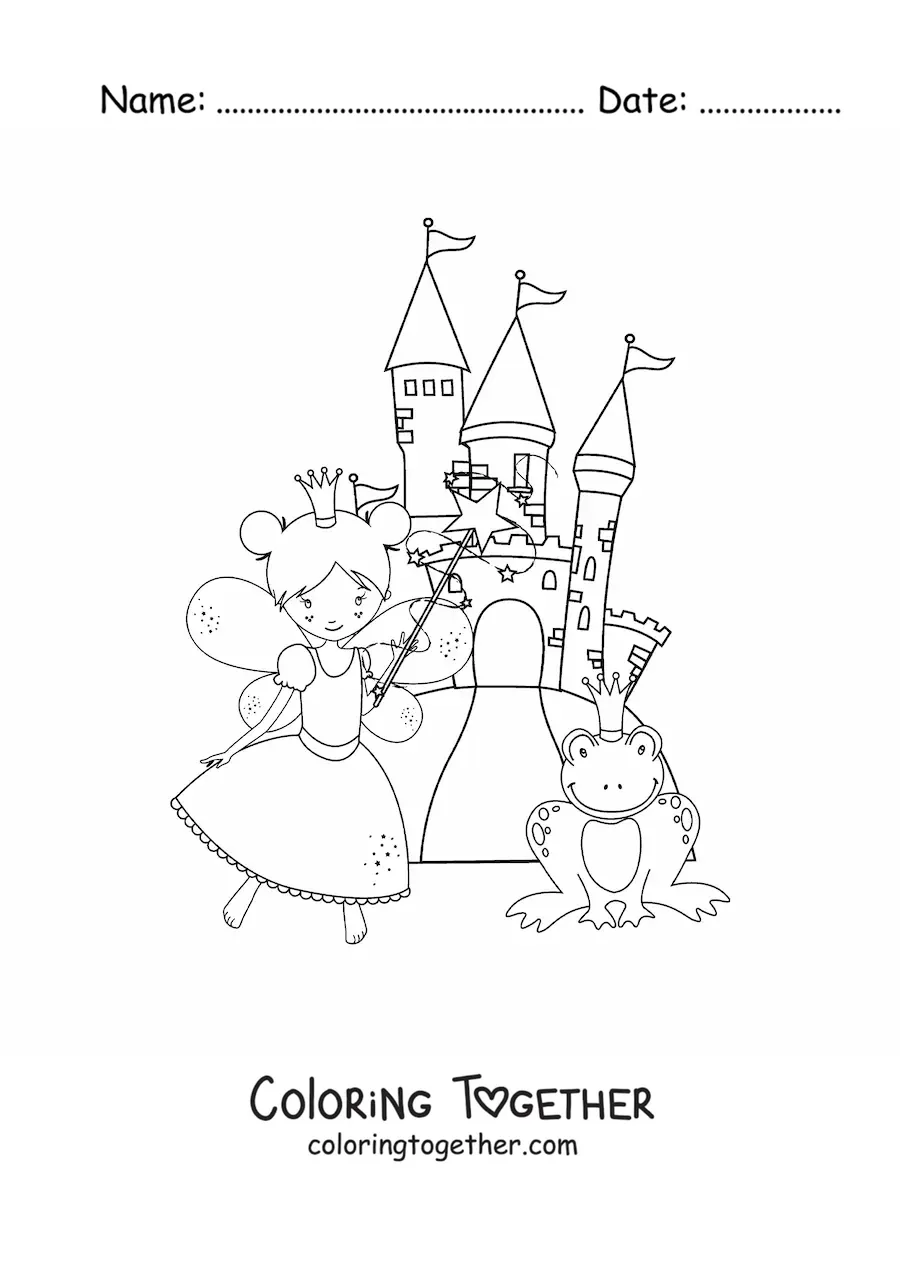Coloring page of a magical fairy godmother at the castle