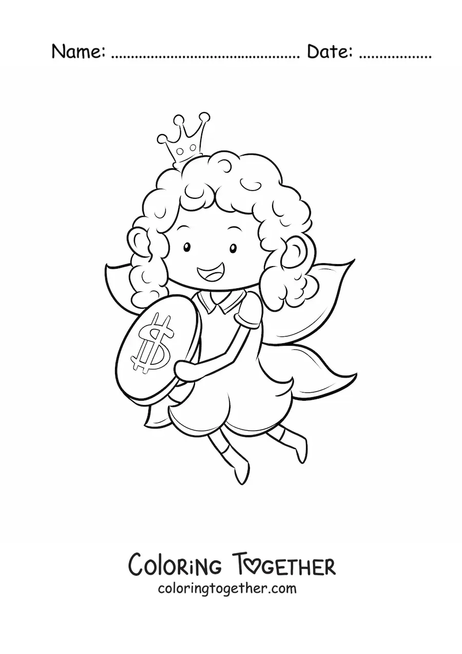 Coloring page of a kawaii tooth fairy with a coin