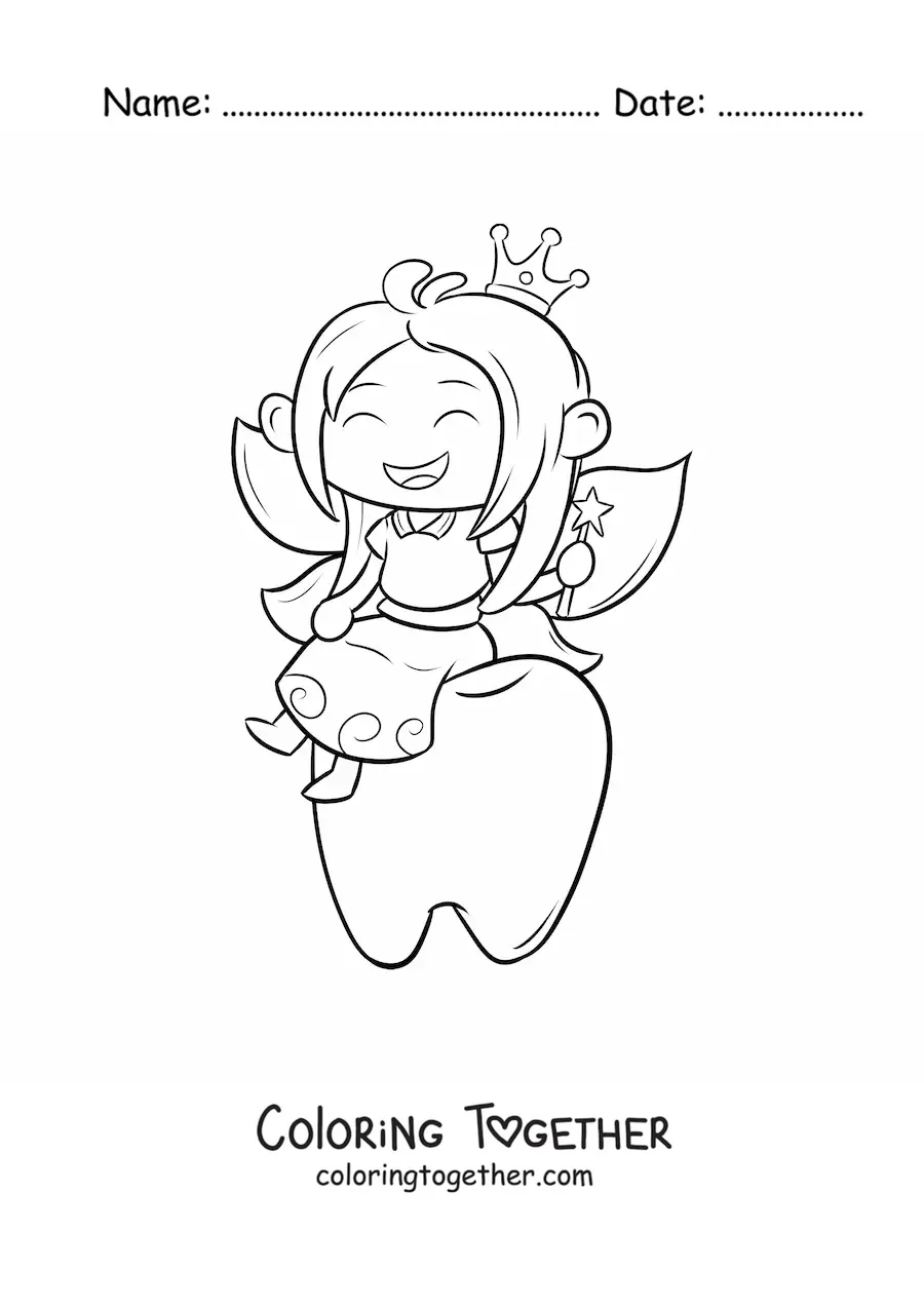 Coloring page of a kawaii tooth fairy sitting on a tooth