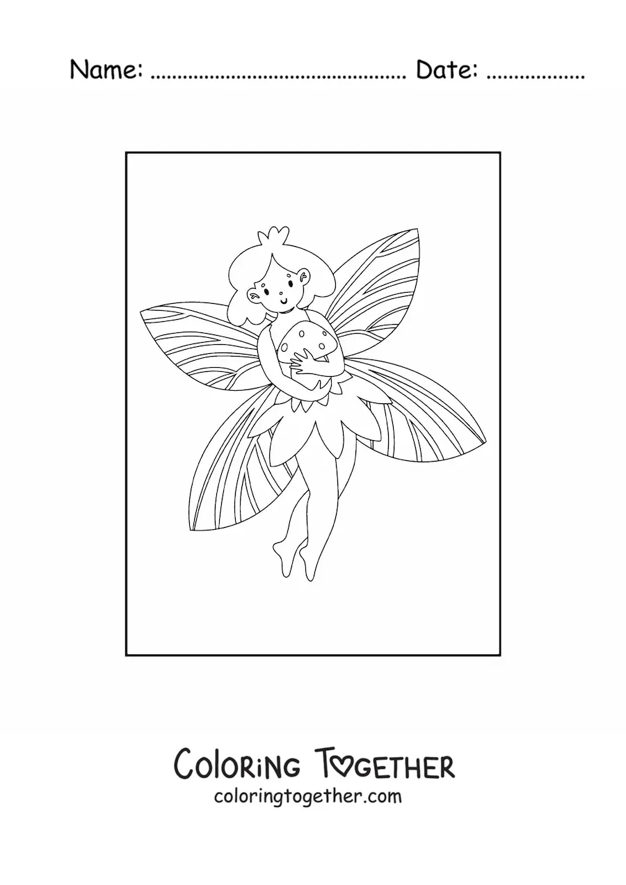 Coloring page of a simple fairy with a magic mushroom