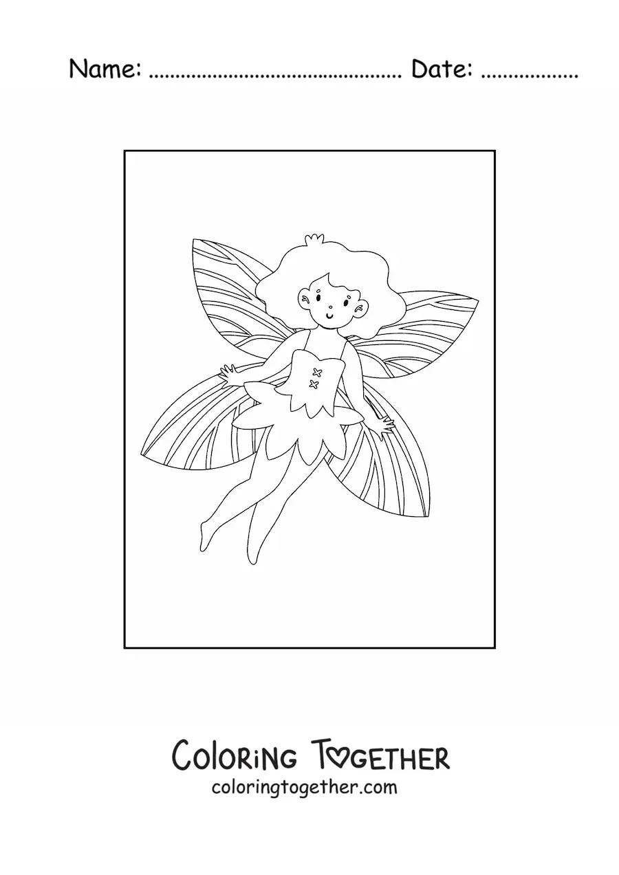 Coloring page of a simple happy fairy flying