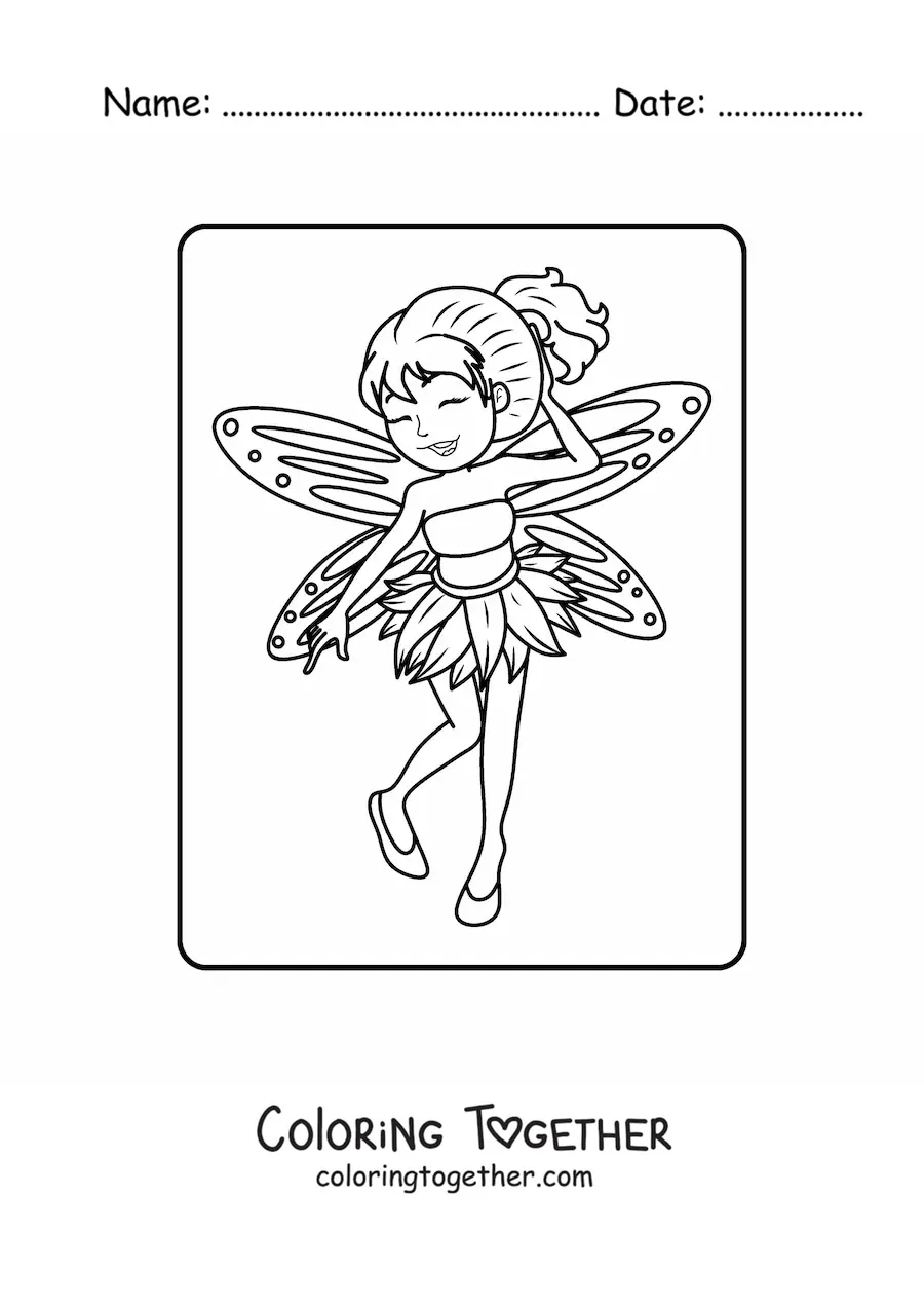 Coloring page of a cartoon happy fairy