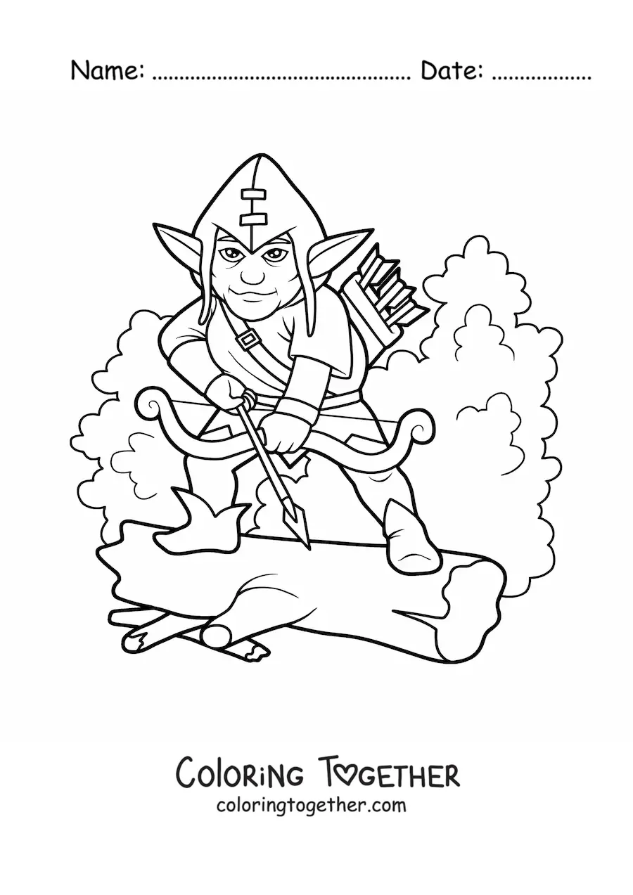 Coloring page of a magic elf in the forest with bow and arrows