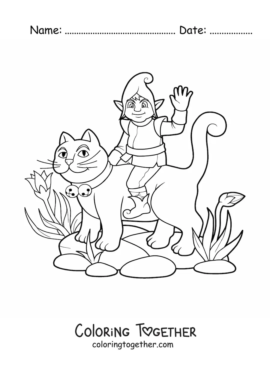 Coloring page of a magic elf sitting on a cat