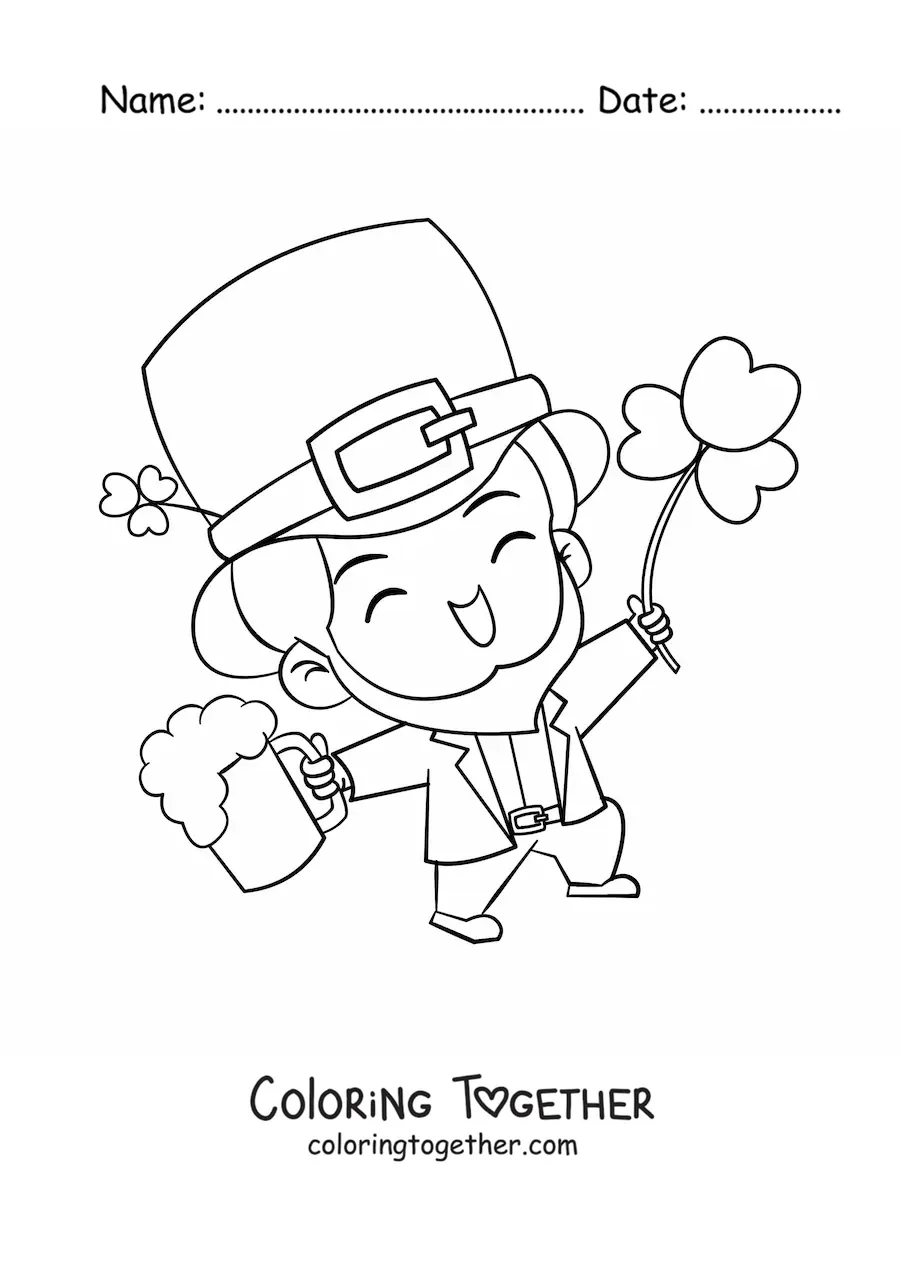 Coloring page of a lucky Irish leprechaun with a clover