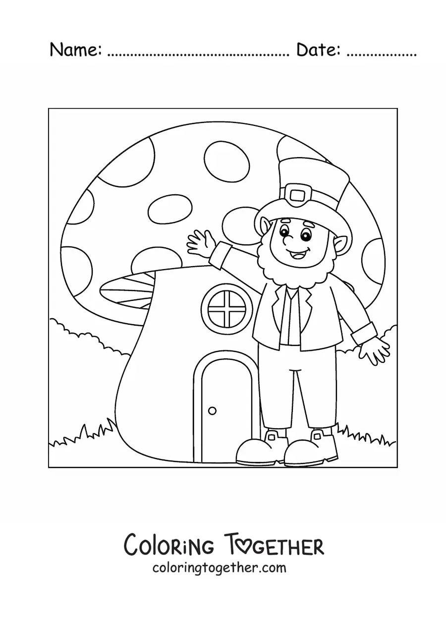 Coloring page of an Irish leprechaun in a magical forest