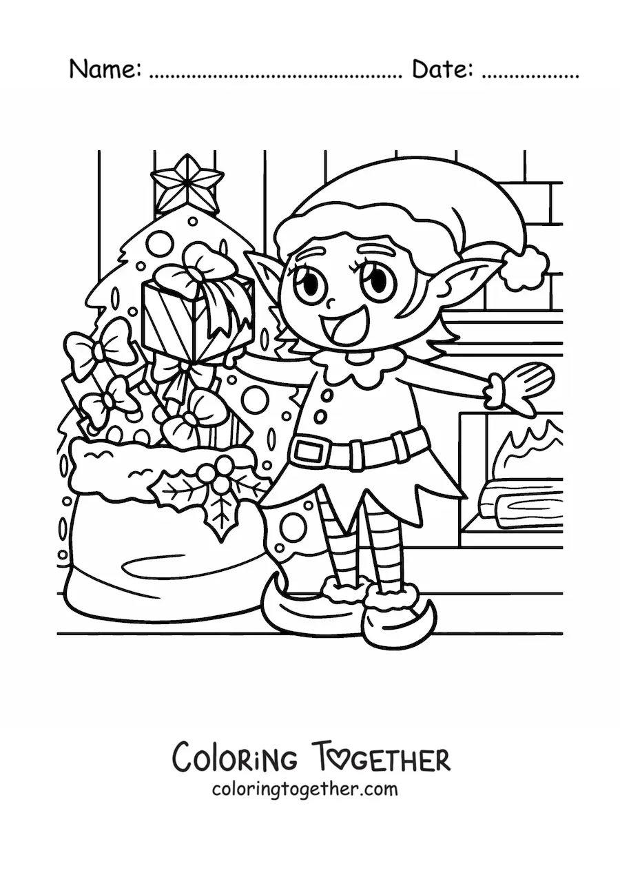 Coloring page of a Christmas elf with gifts next to the tree