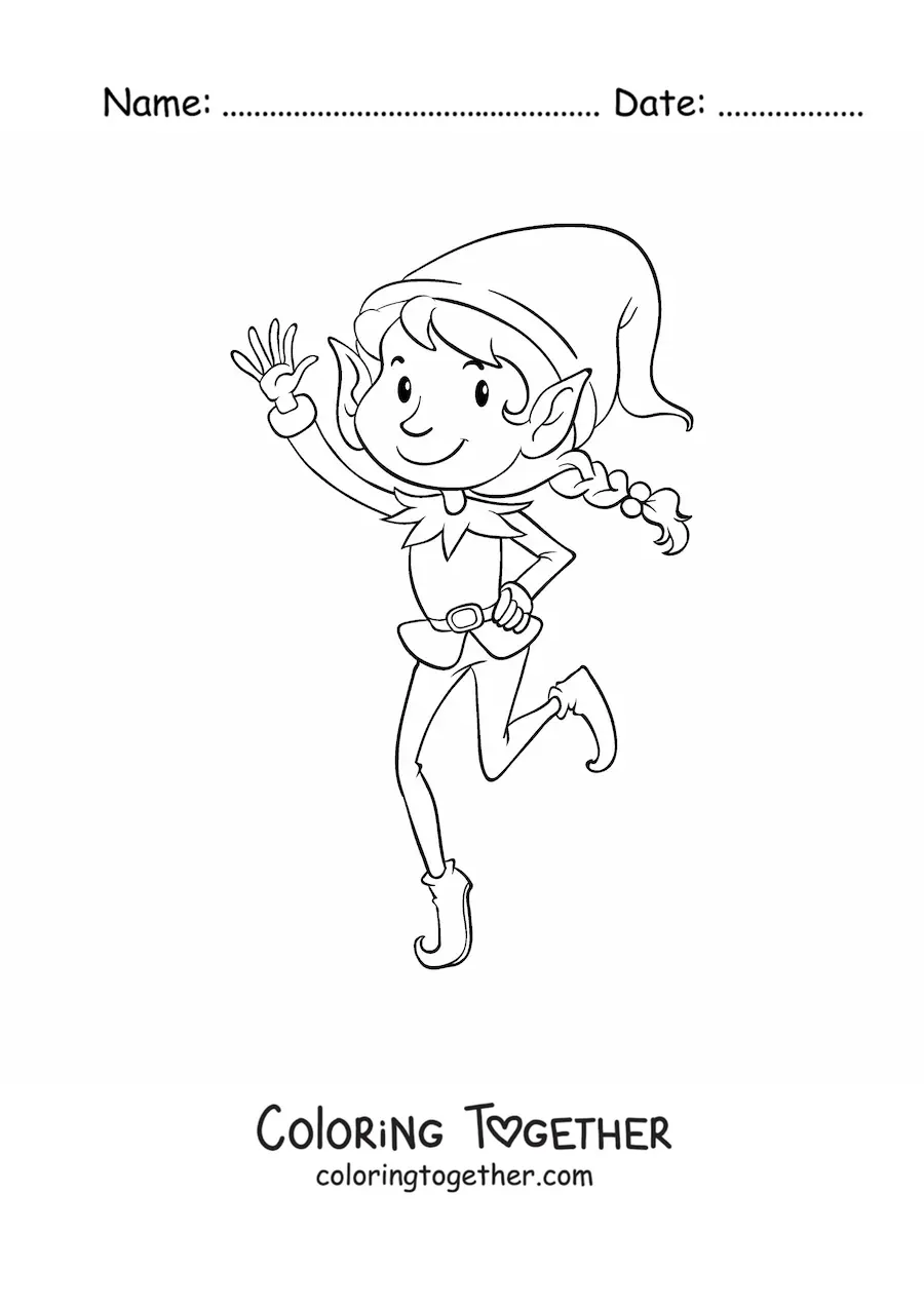 Coloring page of a cartoon magic elf dancing