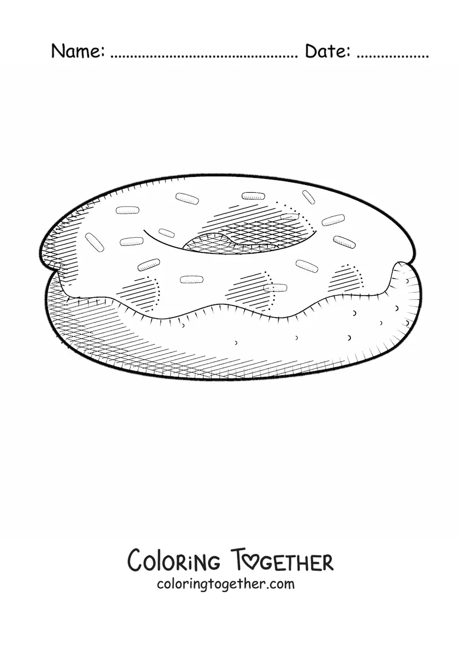 Coloring page of a donut with glaze and sprinkles
