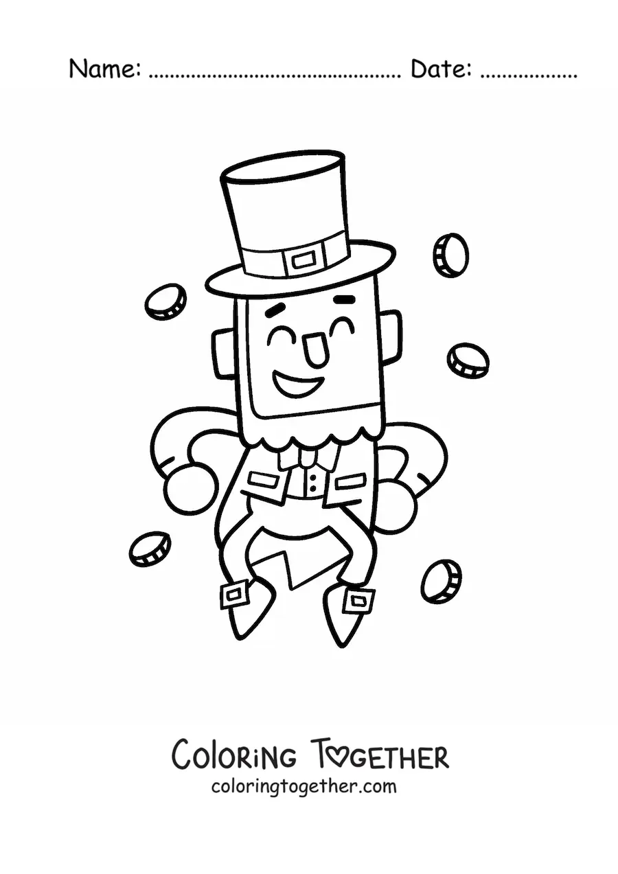 Coloring page of a kawaii leprechaun dancing with money