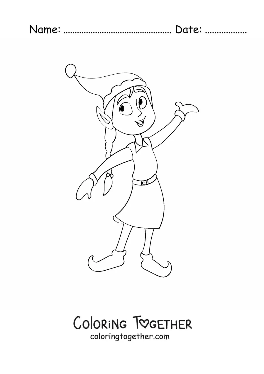 Coloring page of a cartoon elf girl