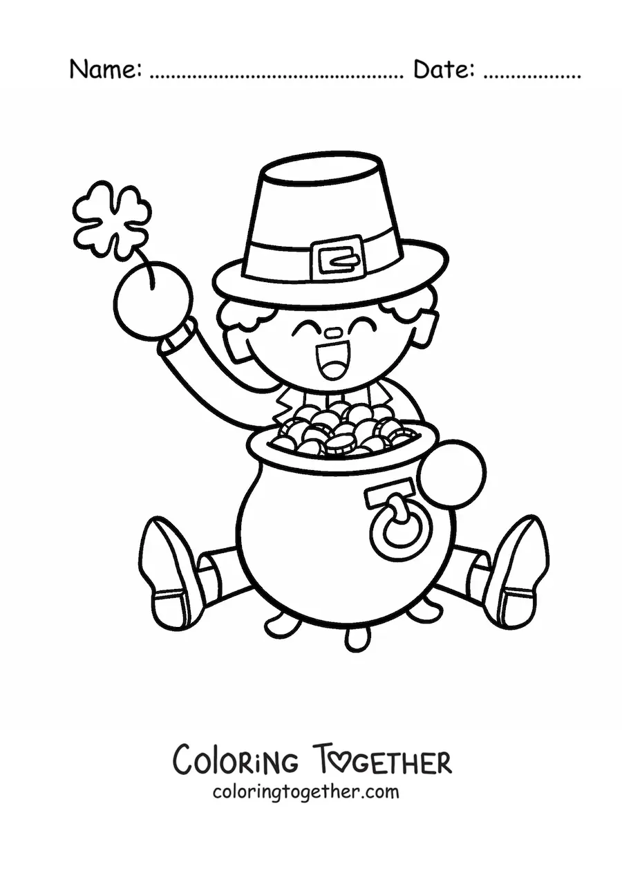 Coloring page of an Irish leprechaun with a pot of gold