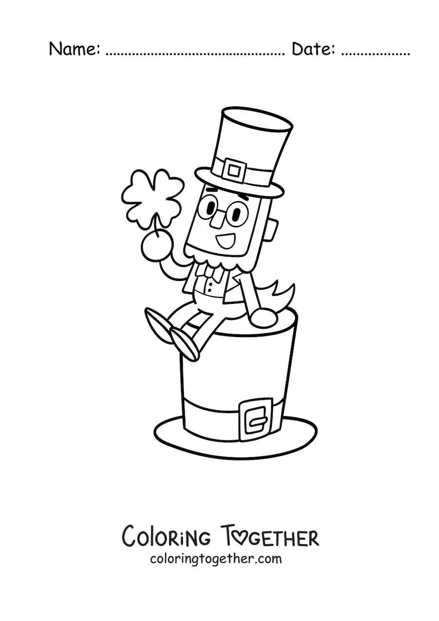 Coloring page of a leprechaun sitting on a hat