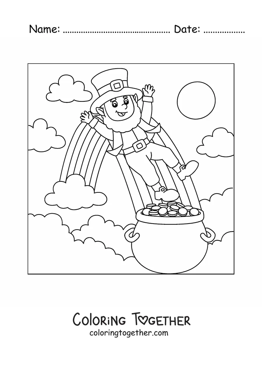 Coloring page of a leprechaun with a pot of gold at the end of the rainbow