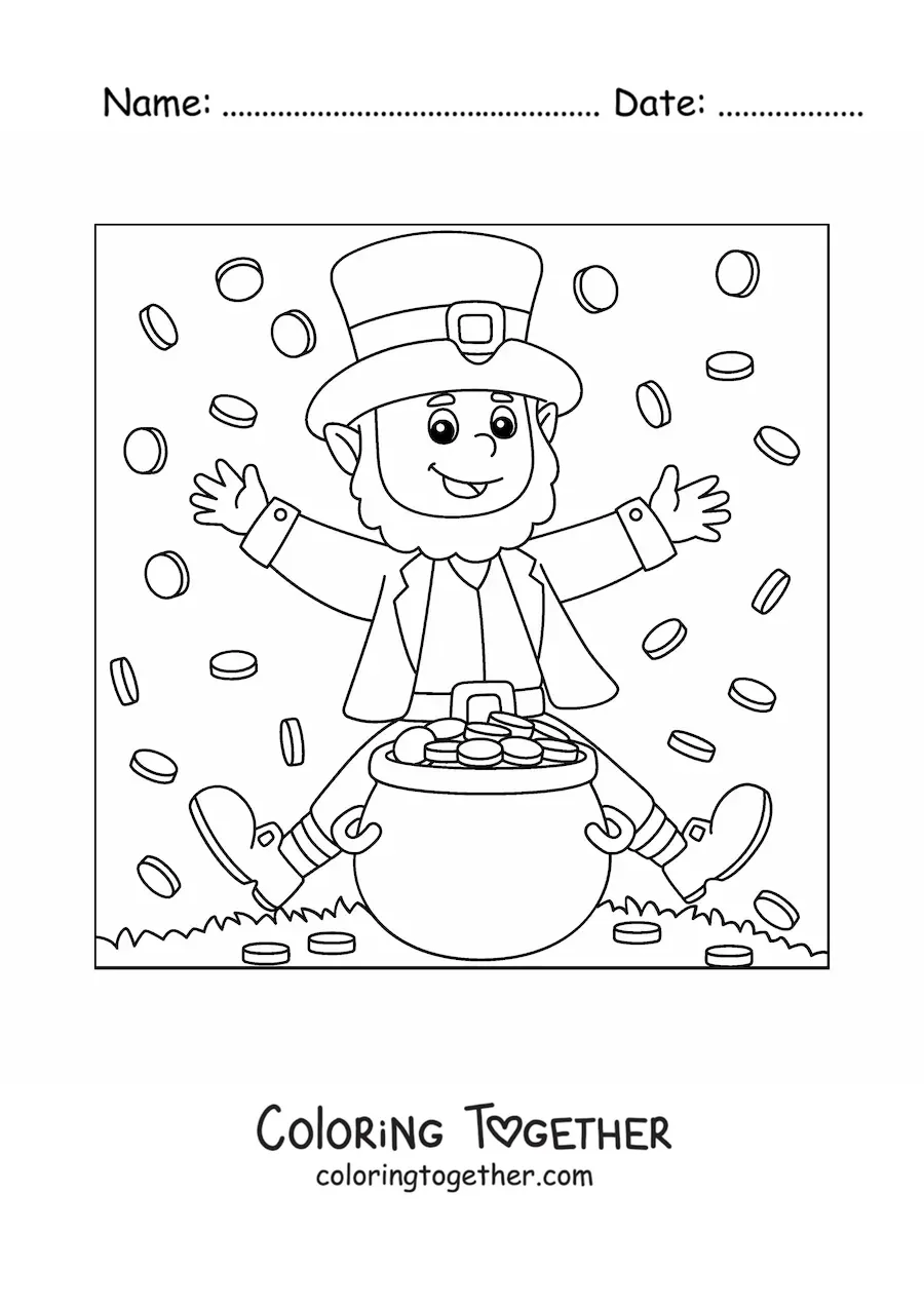 Coloring page of a happy leprechaun with a pot of gold