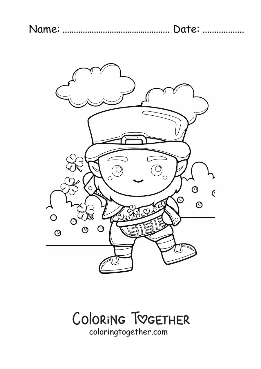 Coloring page of a lucky kawaii leprechaun with clovers