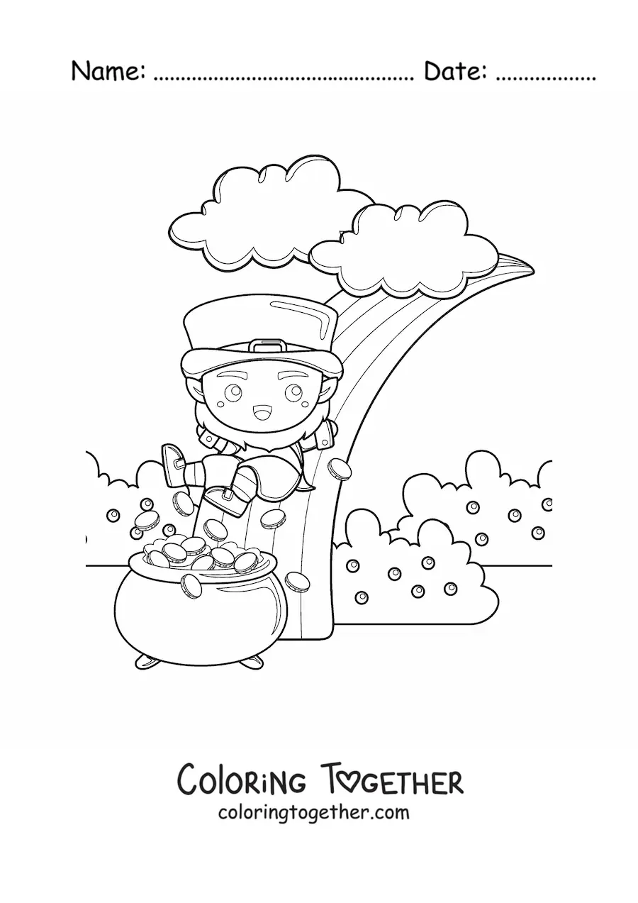 Coloring page of a kawaii leprechaun with a pot of gold at the end of the rainbow