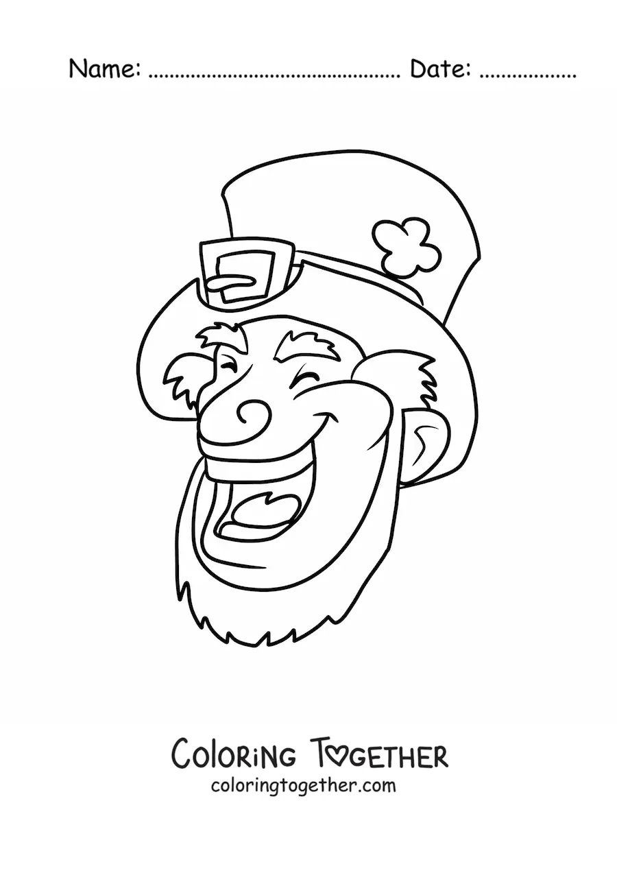 Coloring page of a laughing Irish leprechaun face