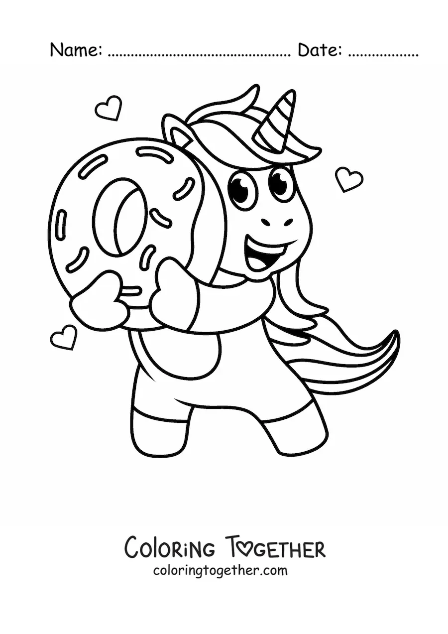 Coloring page of a cartoon unicorn holding a donut