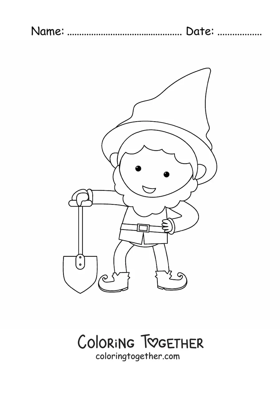 Coloring page of a garden gnome with a shovel