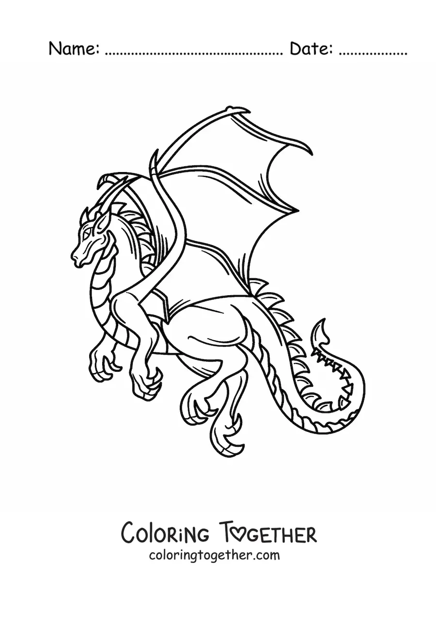 Coloring page of a realistic dragon flying without a background