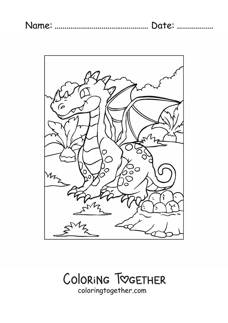 Coloring page of a cartoon dragon sitting next to its eggs