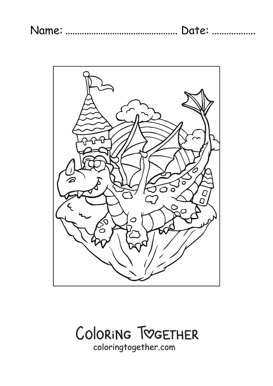 Coloring page of a cartoon dragon flying next to the castle