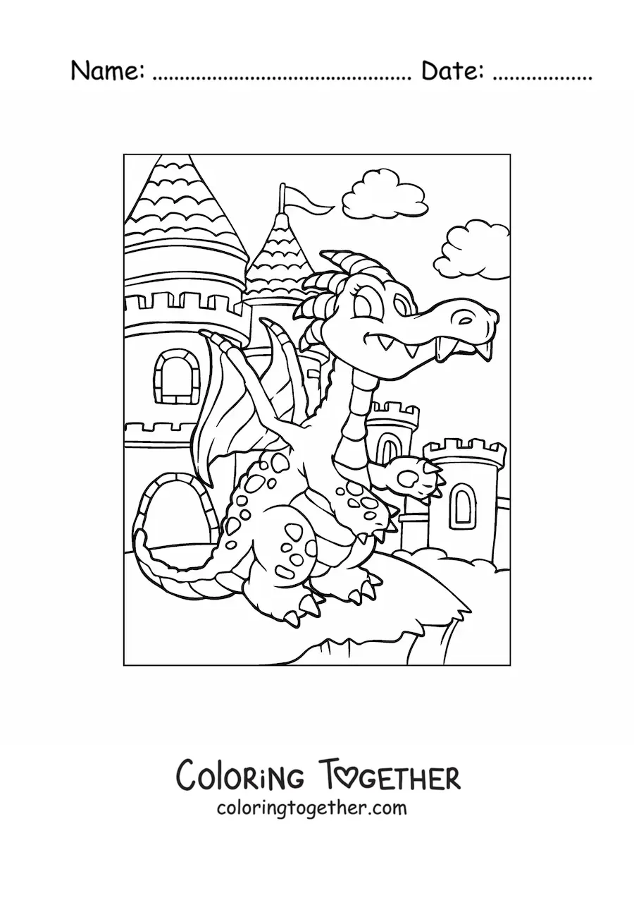 Coloring page of a big cartoon dragon