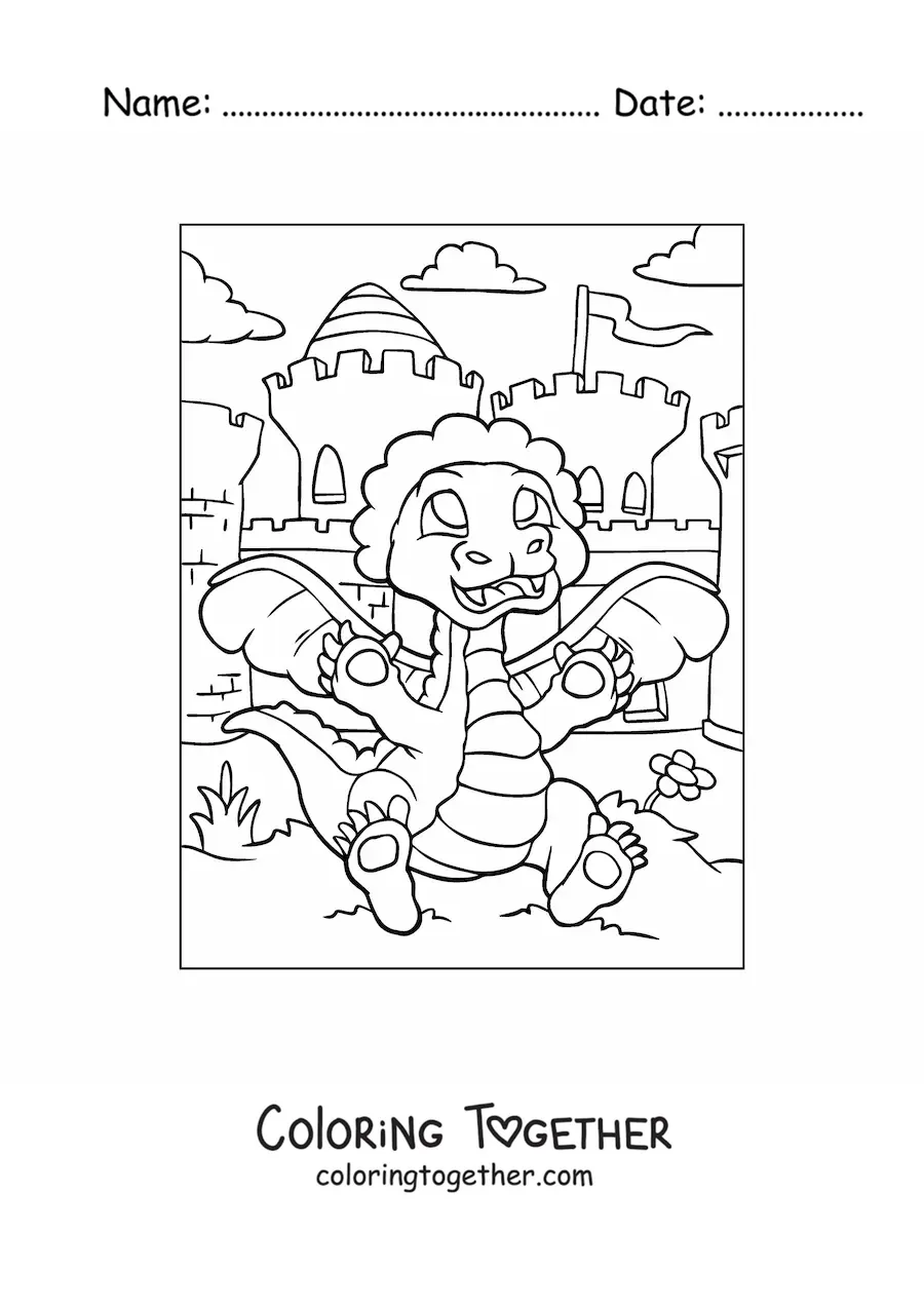 Coloring page of a cartoon baby dragon