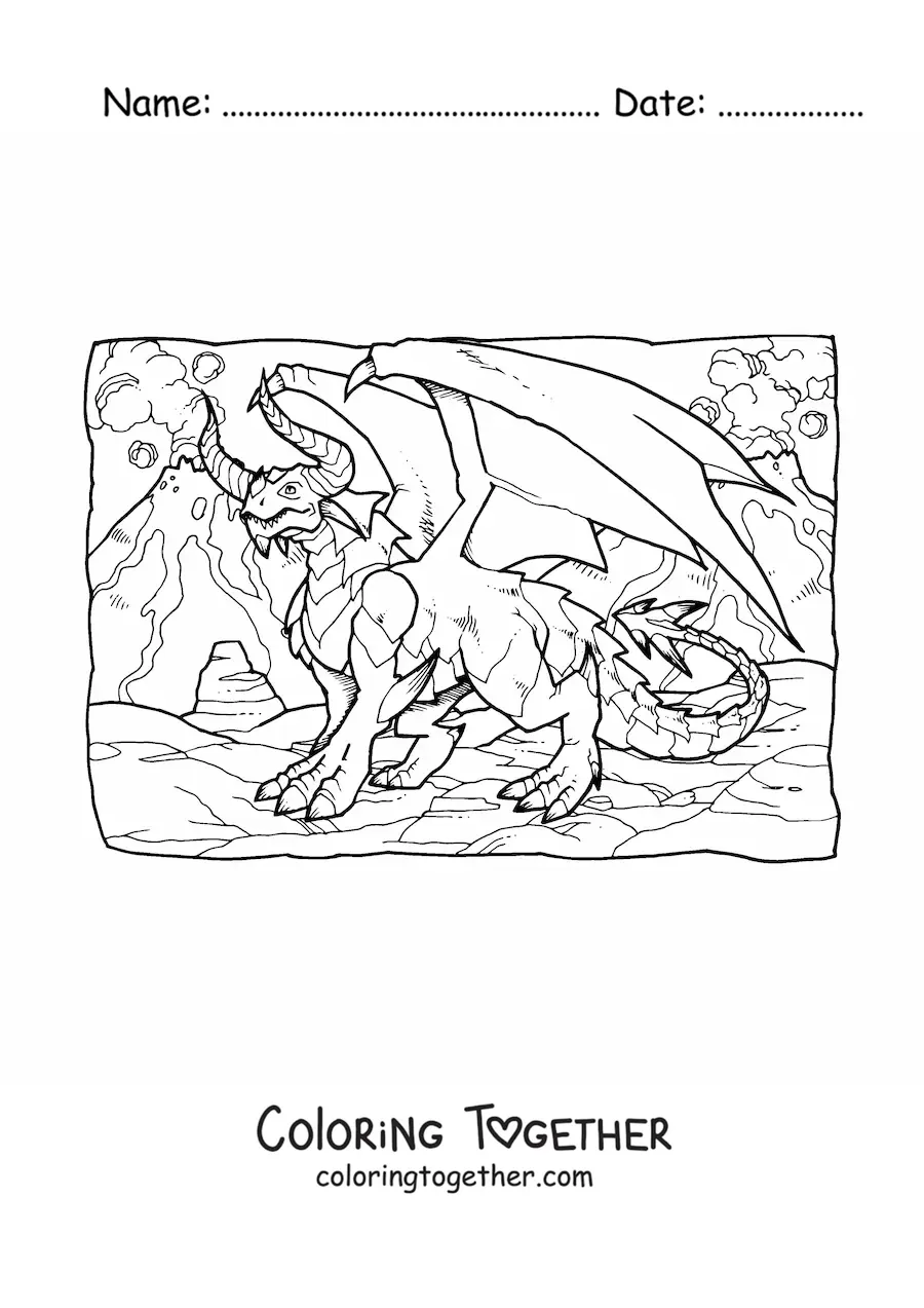 Coloring page of a scary mythological dragon with horns