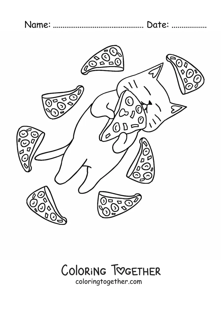 Coloring page of a cat eating pizza surrounded by pizza slices