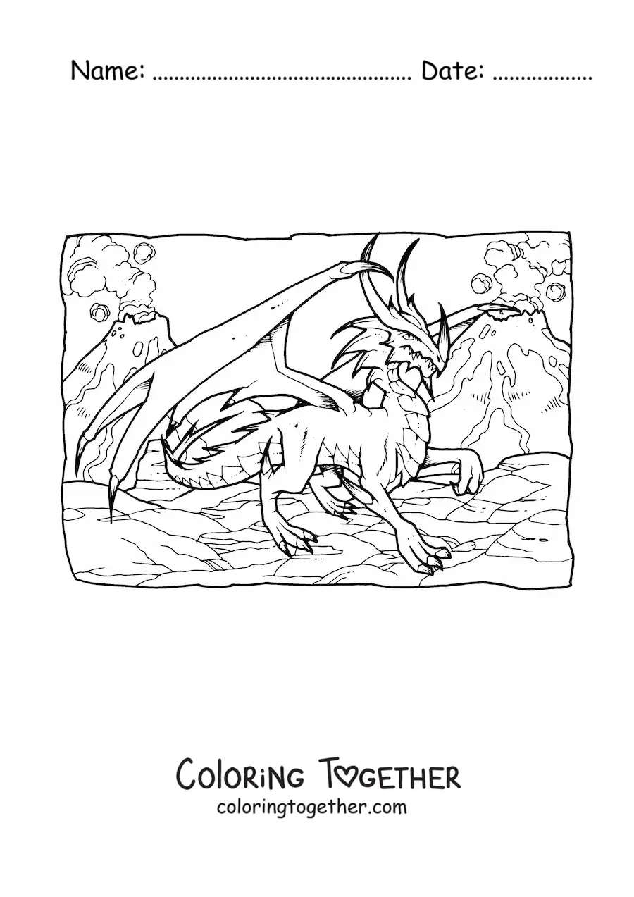 Coloring page of a scary realistic dragon