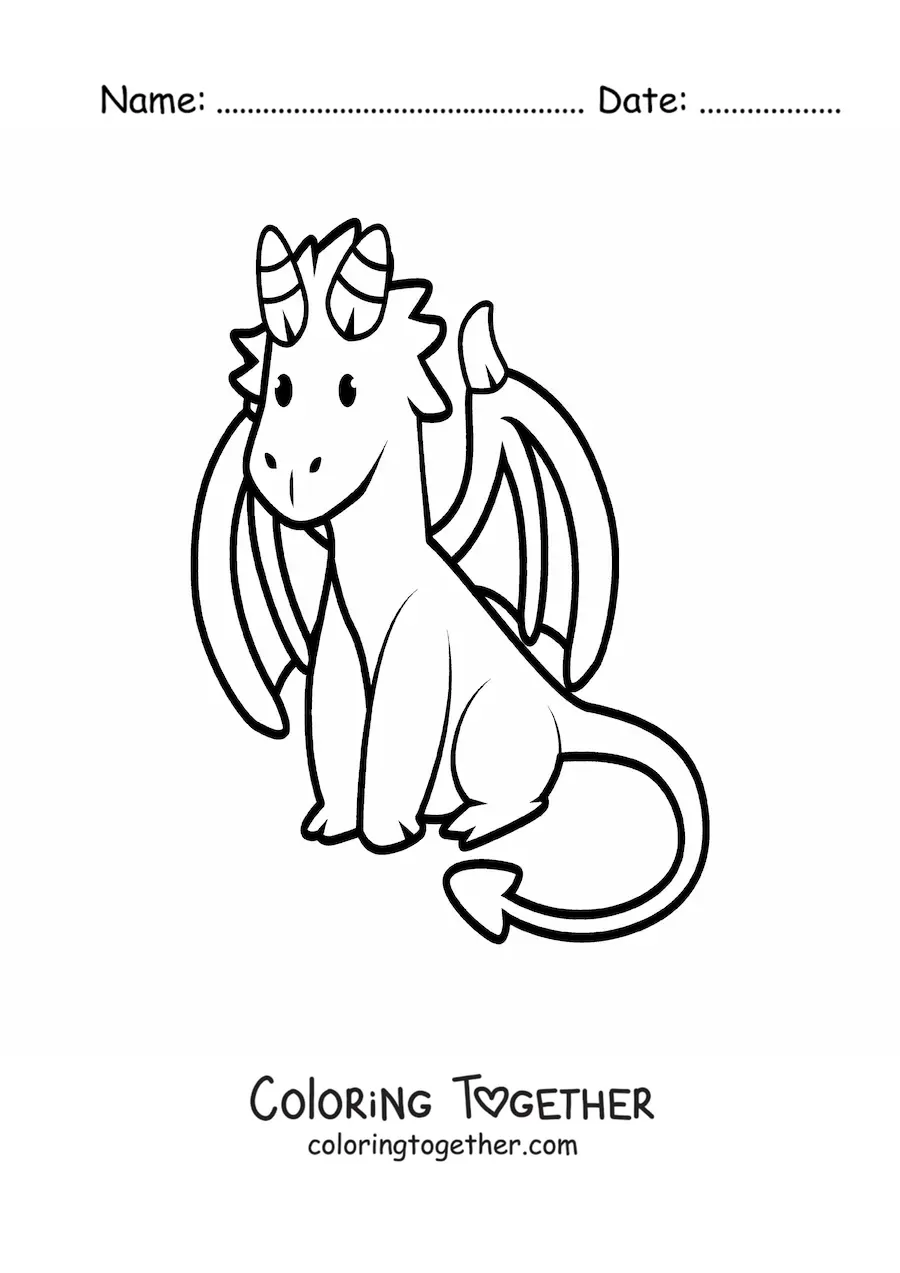 Coloring page of a kawaii baby dragon with horns
