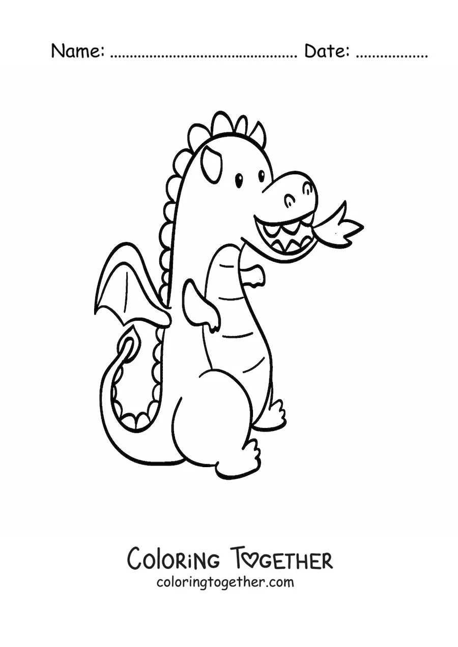 Coloring page of a cartoon baby dragon breathing fire