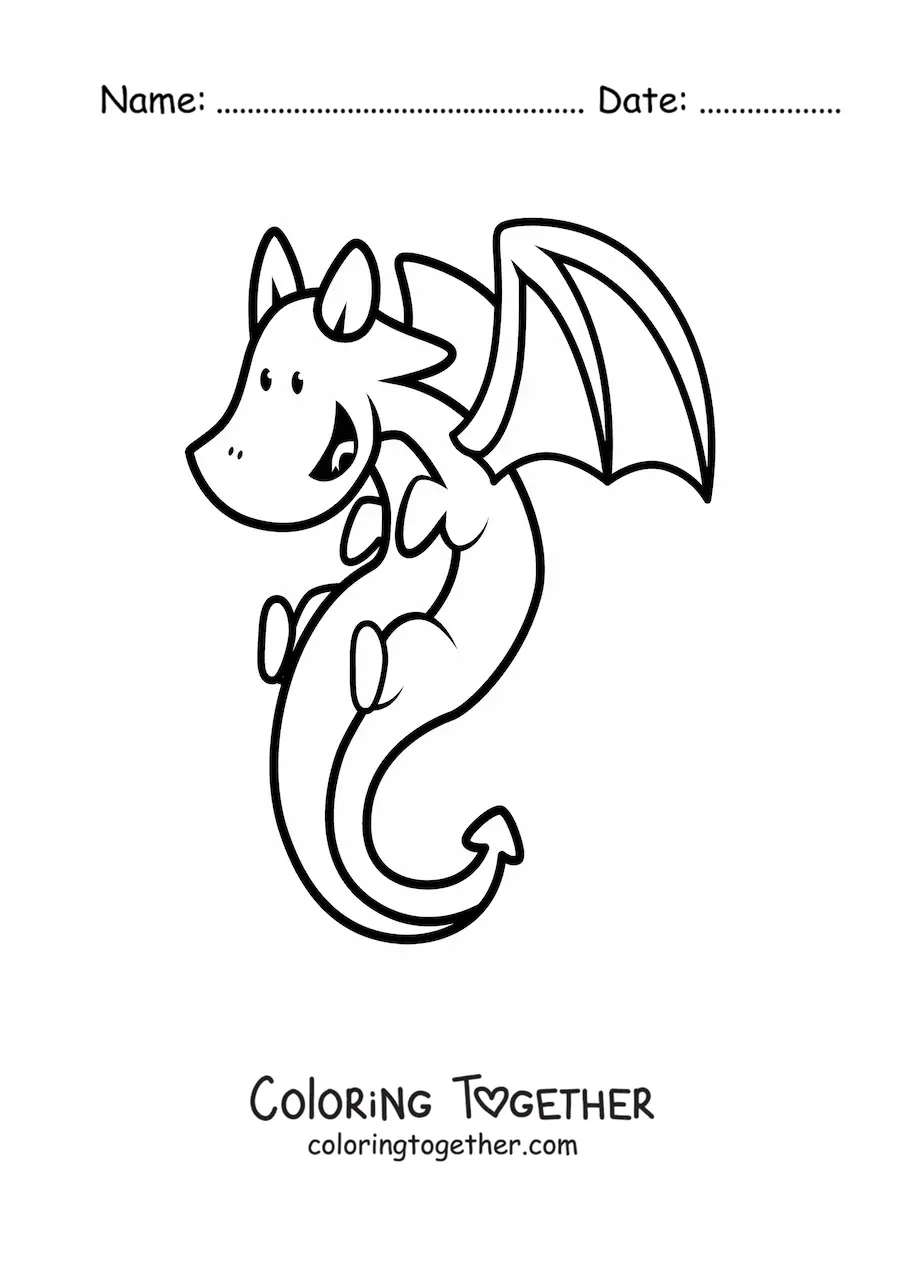 Coloring page of a small cartoon dragon flying
