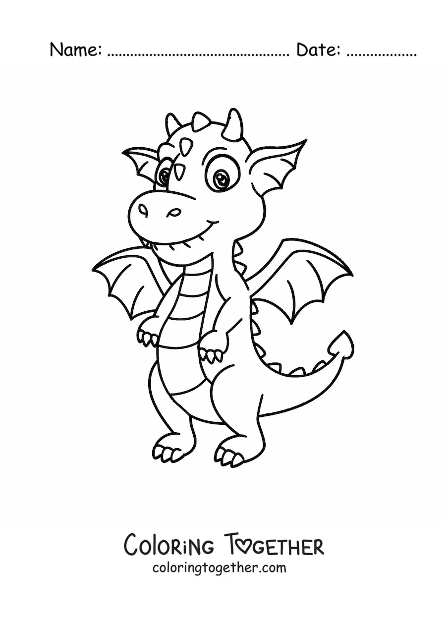 Coloring page of a cute cartoon baby dragon