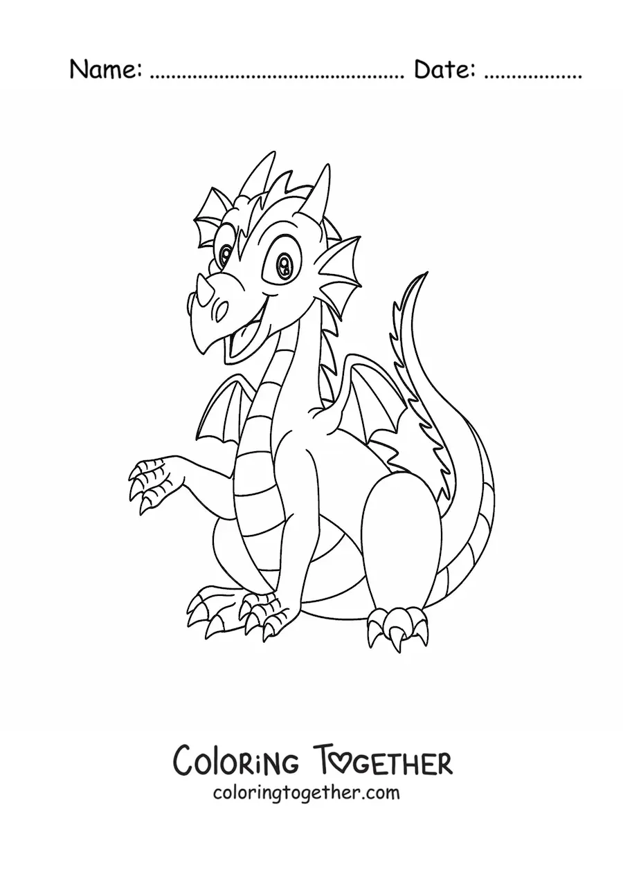 Coloring page of a cartoon dragon sitting down