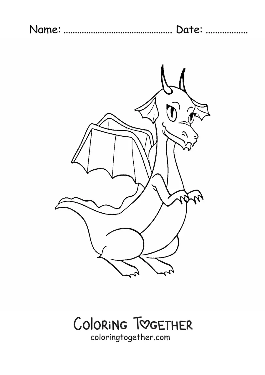 Coloring page of a cartoon female dragon sitting down