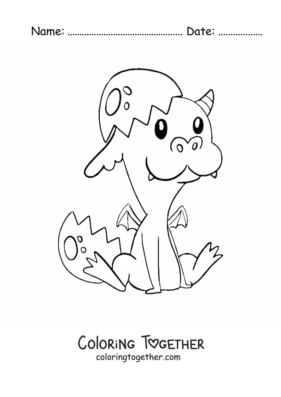 Coloring page of an egg with a baby dragon sitting down
