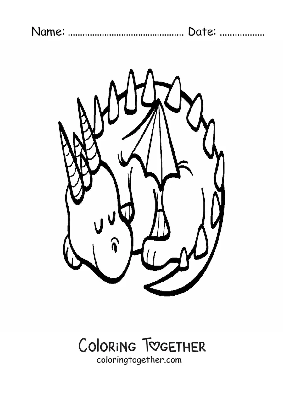 Coloring page of a sleeping dragon