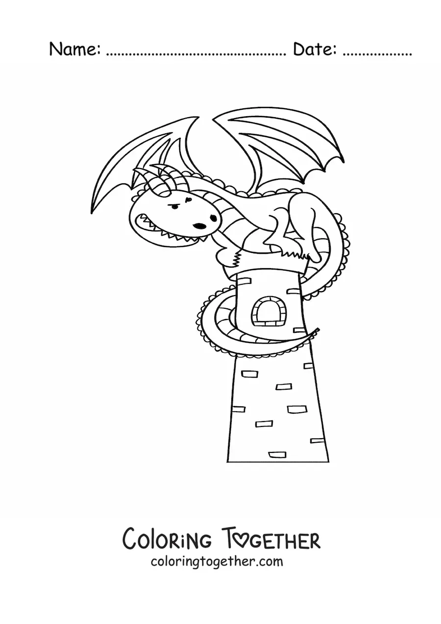 Coloring page of a cartoon dragon on a tower