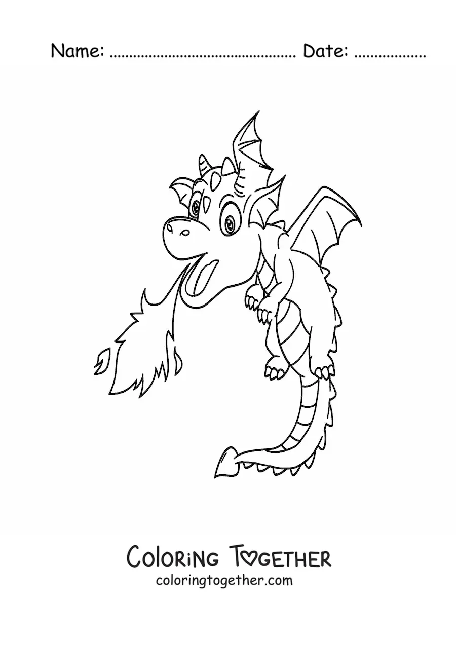 Coloring page of a flying dragon breathing fire