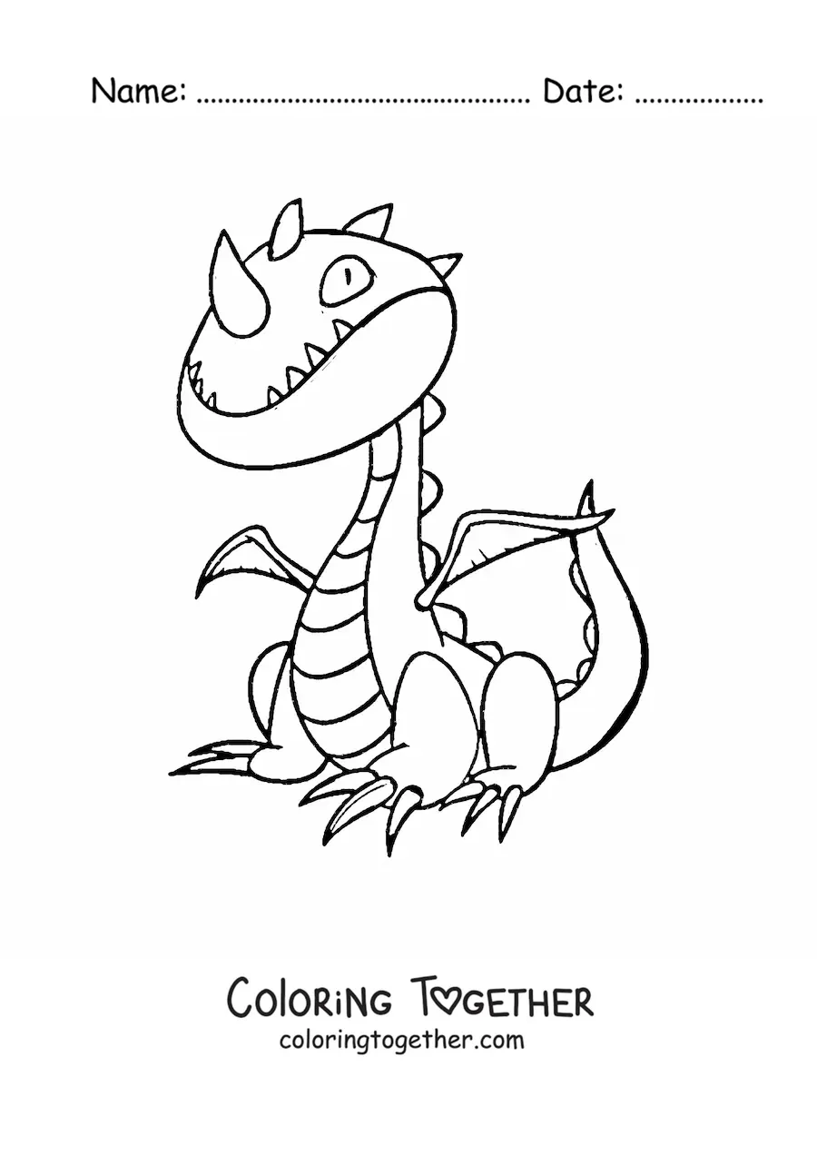 Coloring page of a cartoon dragon with one horn