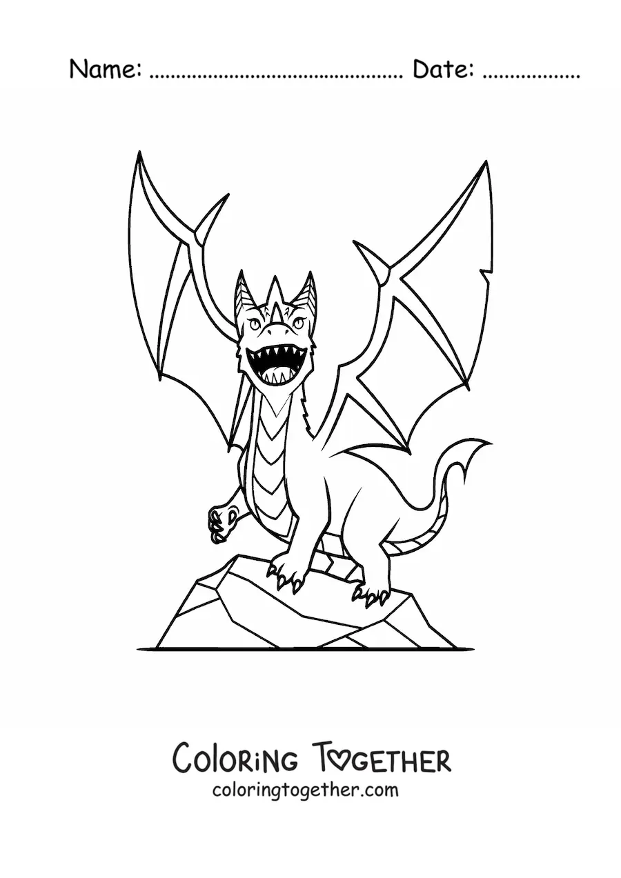 Coloring page of a flying dragon over a rock
