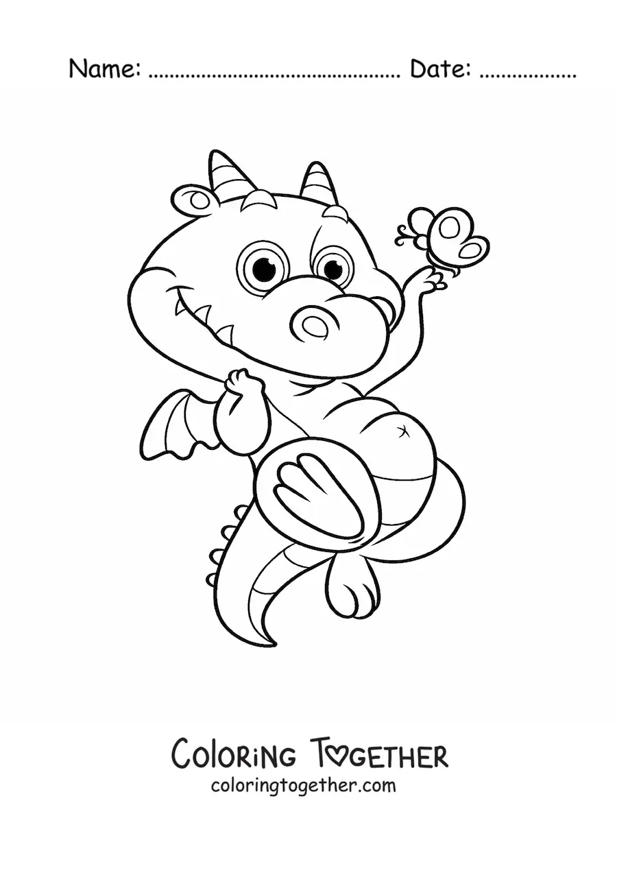 Coloring page of a cartoon little dragon flying with a butterfly