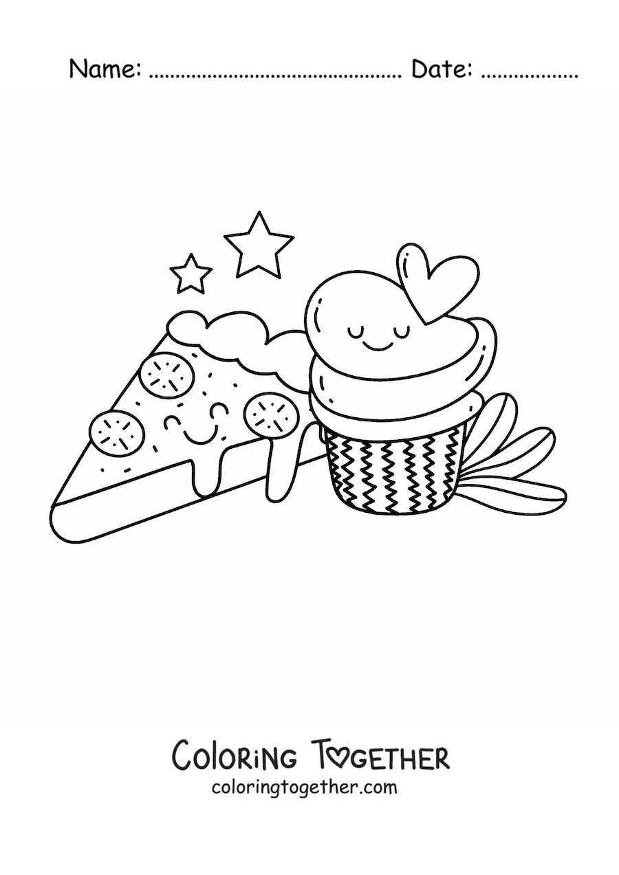 Coloring page of a pizza slice next to a kawaii cupcake