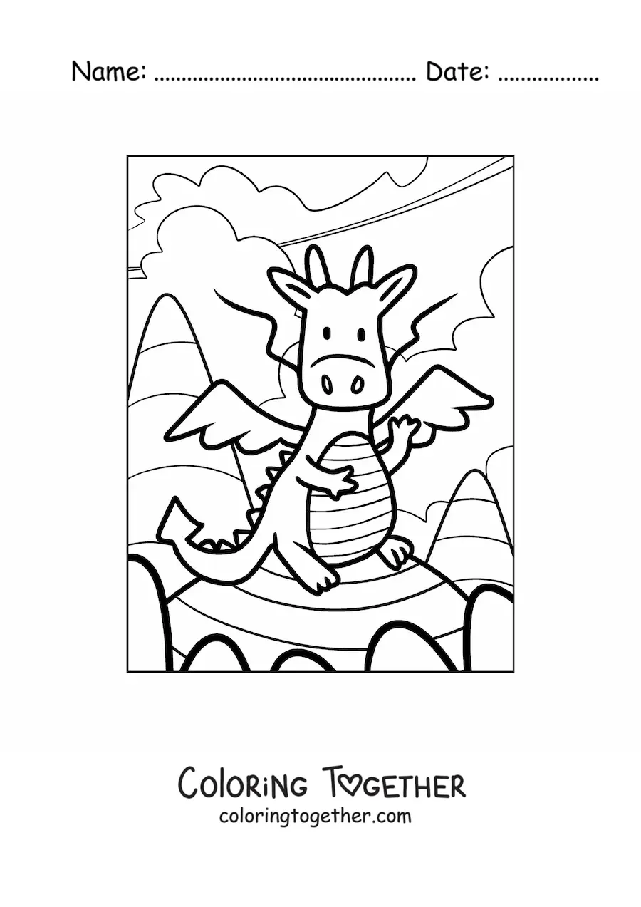 Coloring page of a cartoon flying dragon