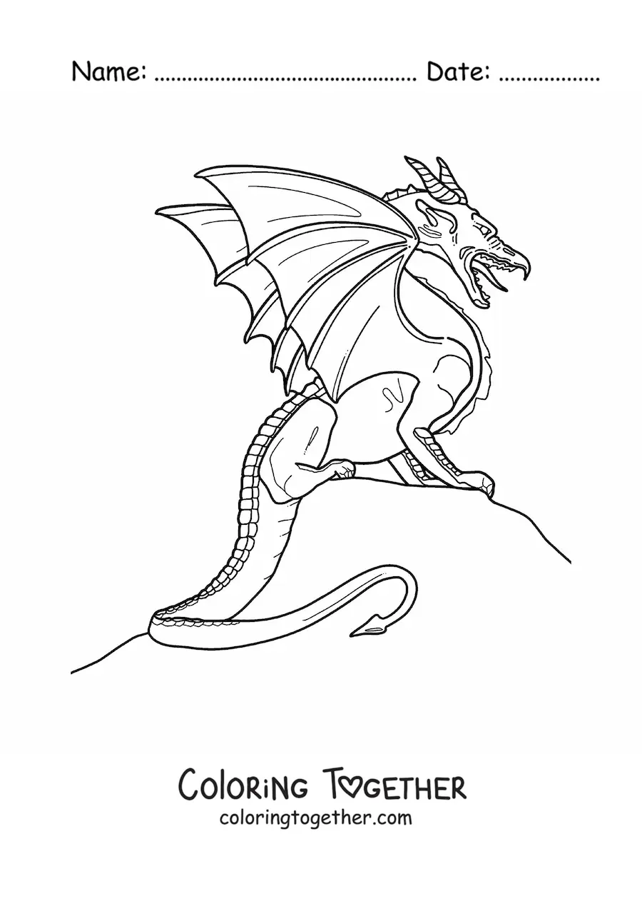 Coloring page of a realistic flying dragon sitting down