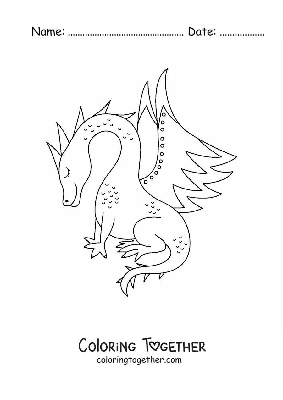 Coloring page of a dragon sitting with no background