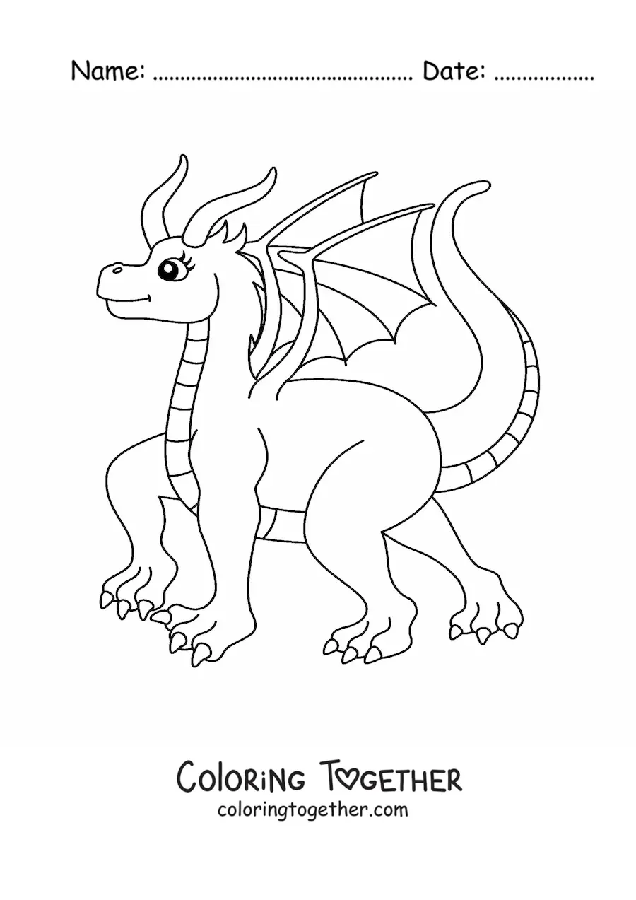 Coloring page of a big flying dragon